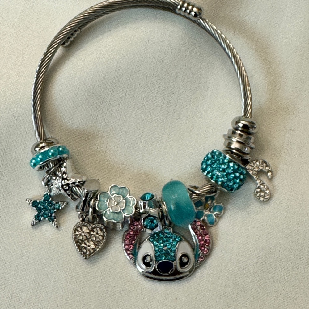 Kawaii Cute cartoon stitch Silver and Teal Charm Bracelet